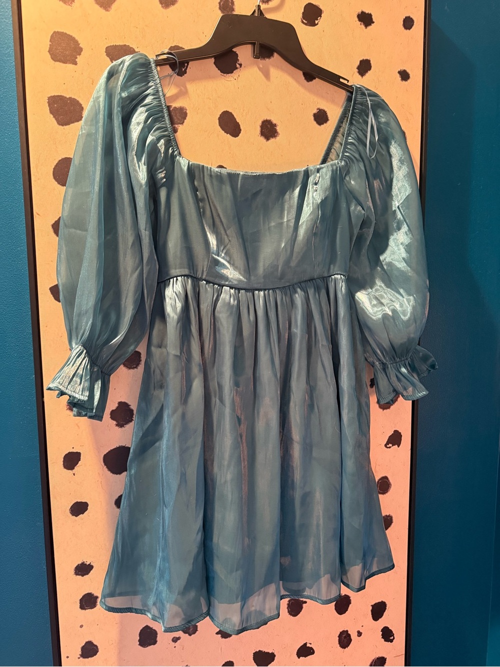 Shimmery Teal Puff-Sleeve Mini Dress